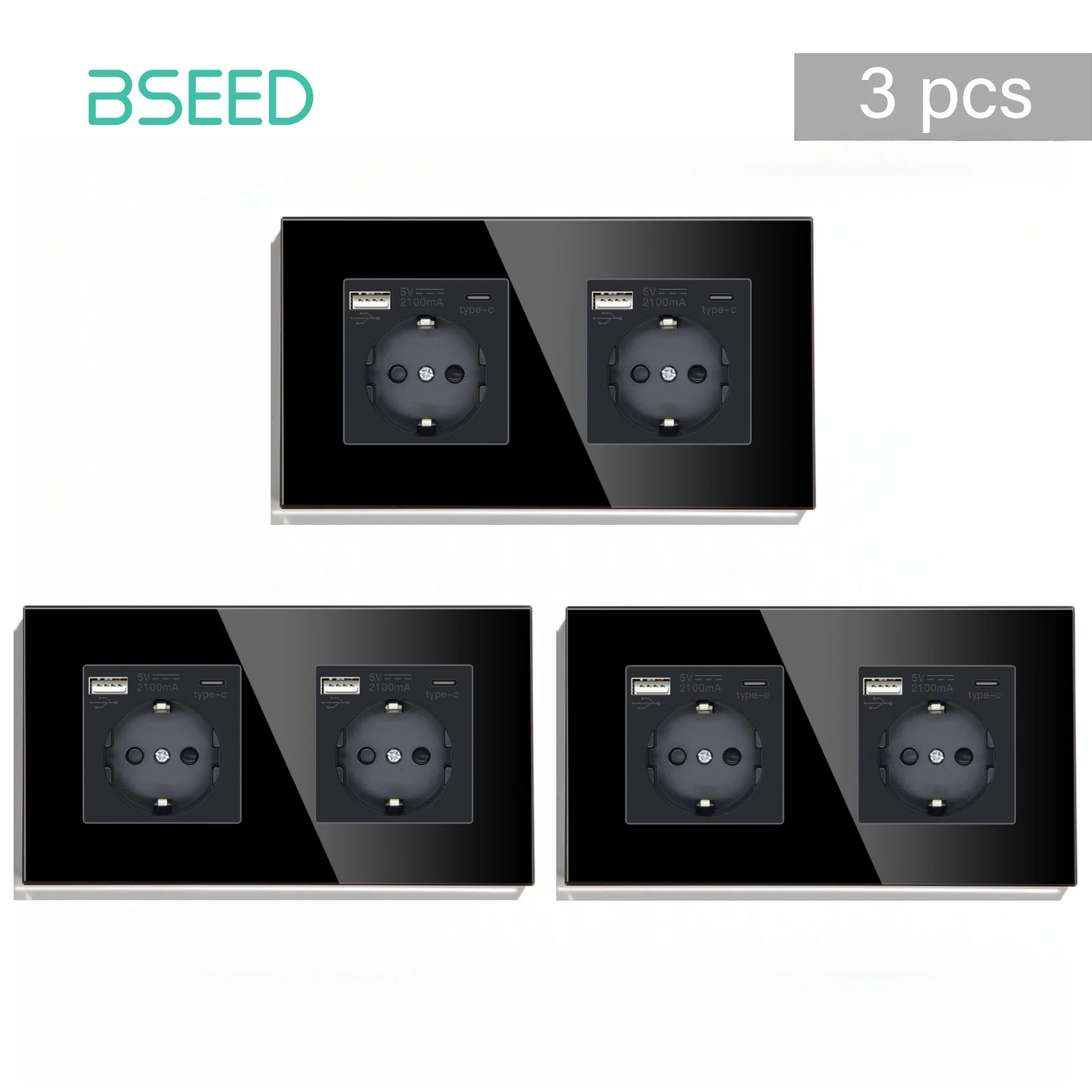 BSEED EU Standard Wall Electrical Double Sockets Type-C Outlets Wall Power USB Charge Port Glass Frame 16A 157mm