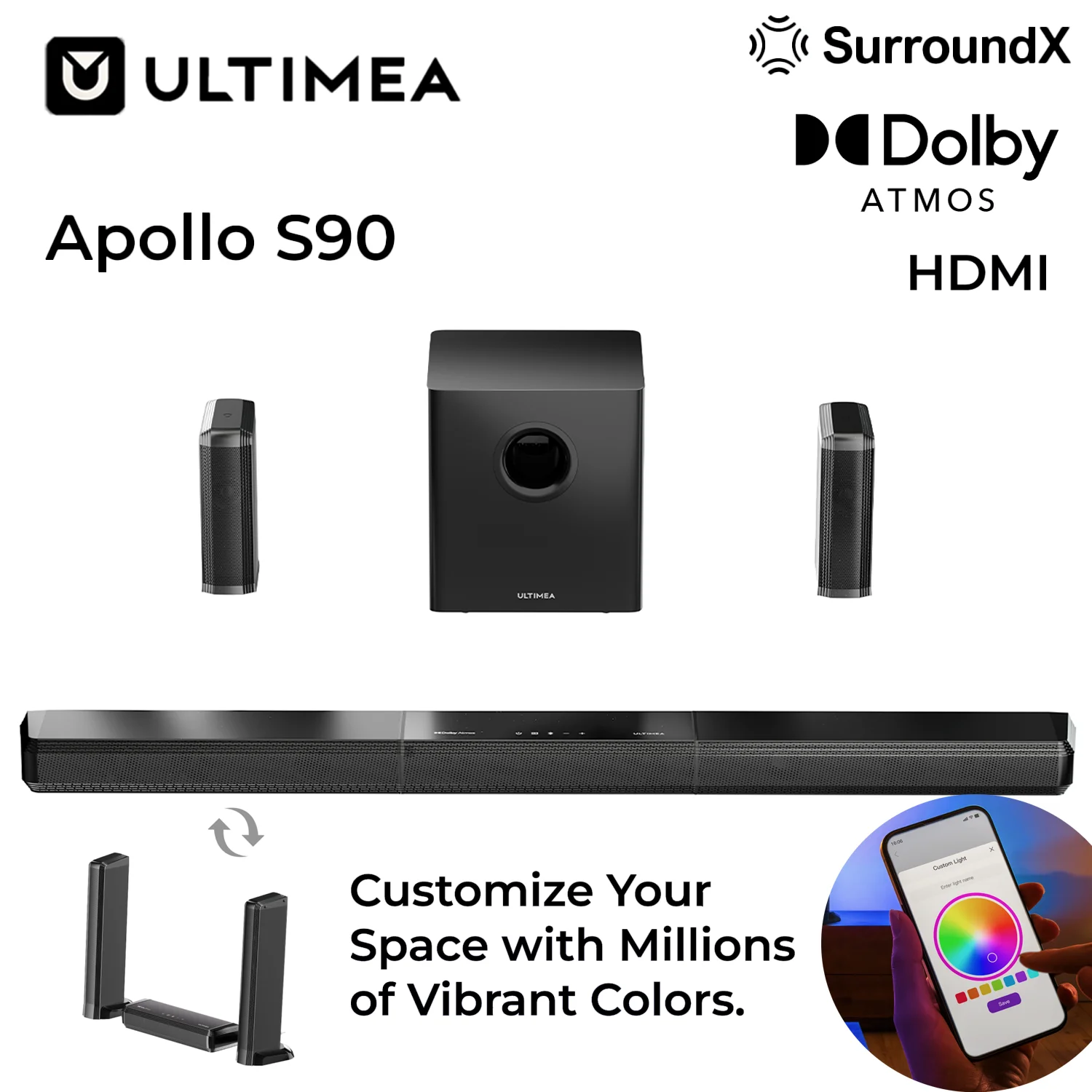 ULTIMEA Apollo S90 9.1ch Dolby Atmos Detachable Soundbar, Premium Home Theater System for TV with Wireless Subwoofer, RGB