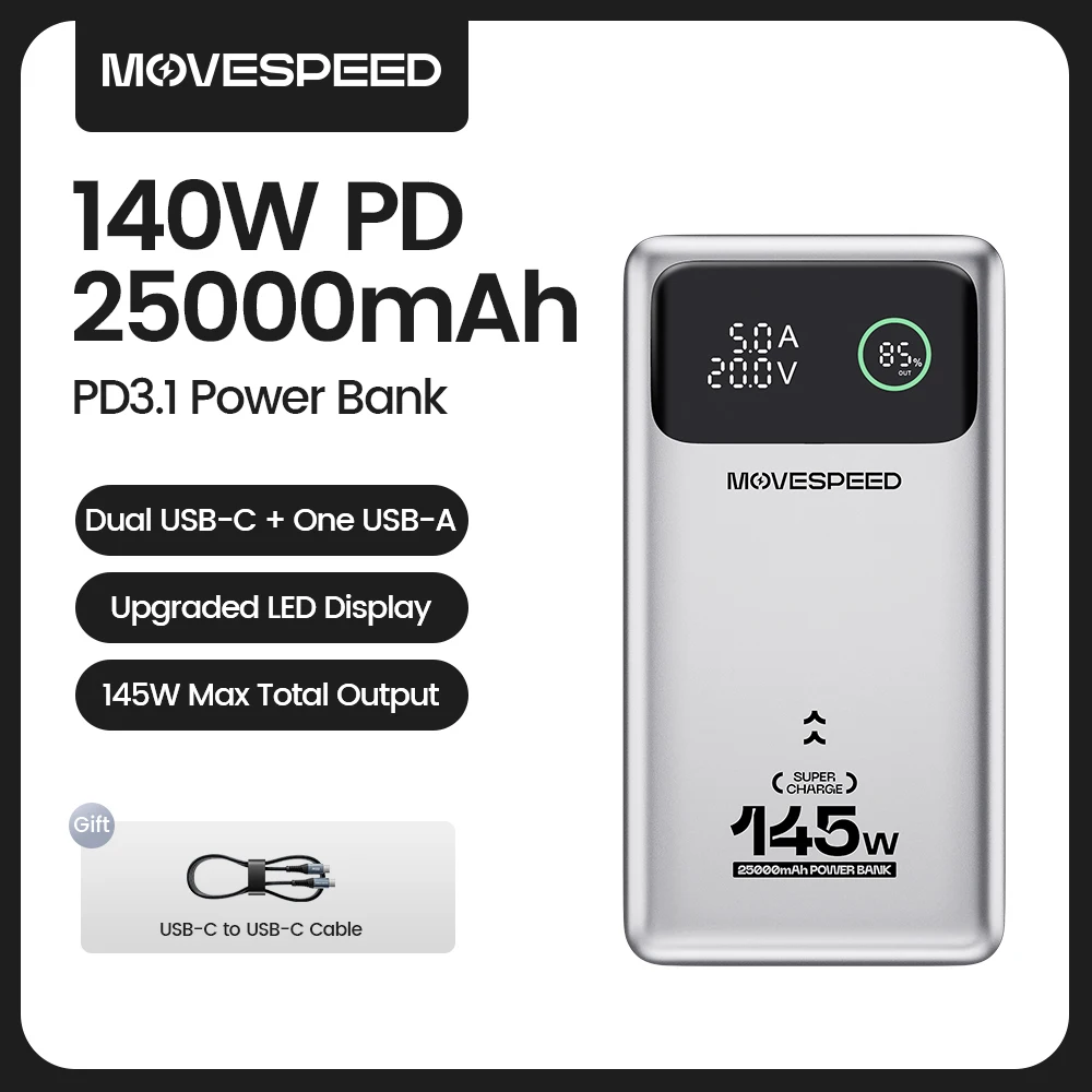 MOVESPEED M25Pro 25000mAh Power Bank 140W Type C PD Fast Charging PowerBank External Portable Charger for MacBook Lenovo Laptop