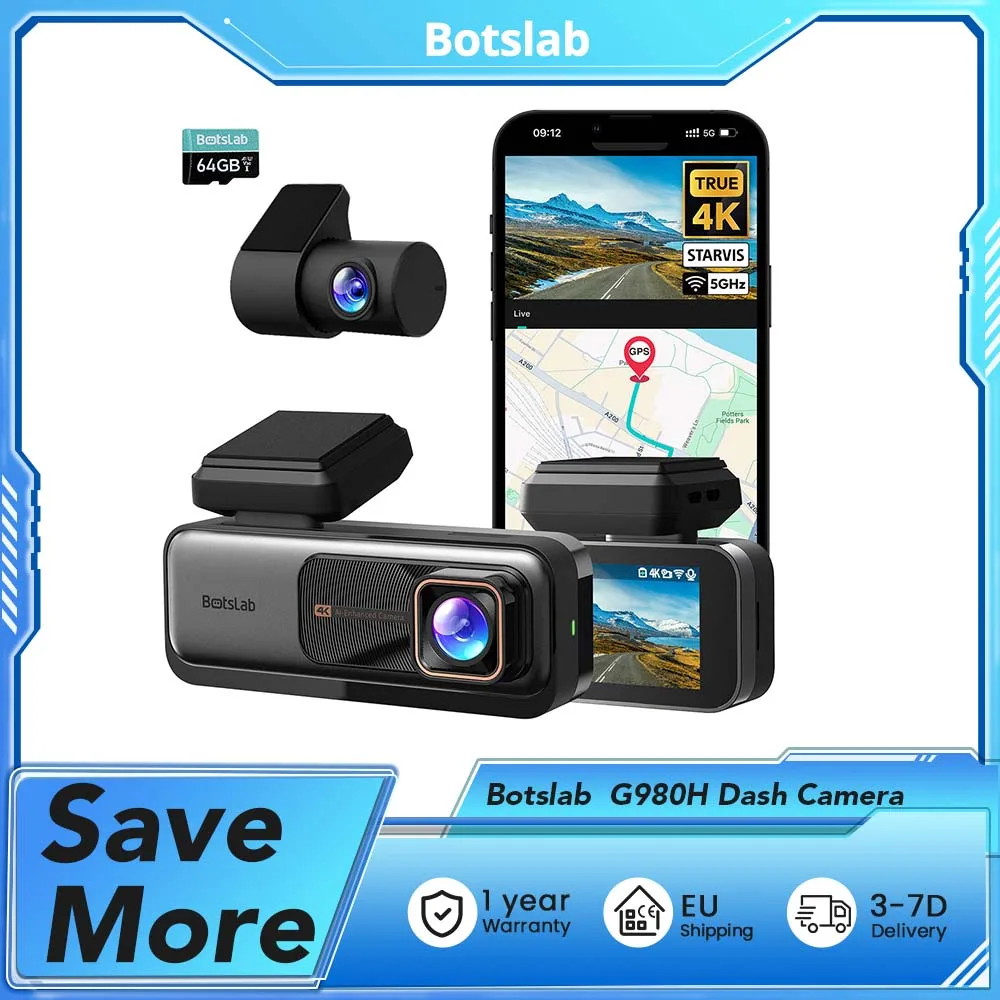 Botslab G980H  4K+2K Dual Dash Cam with SONY Sensors, Voice Control, ADAS, GPS, 5.8GHz WiFi, 64GB Card, 24/7 Parking Mode