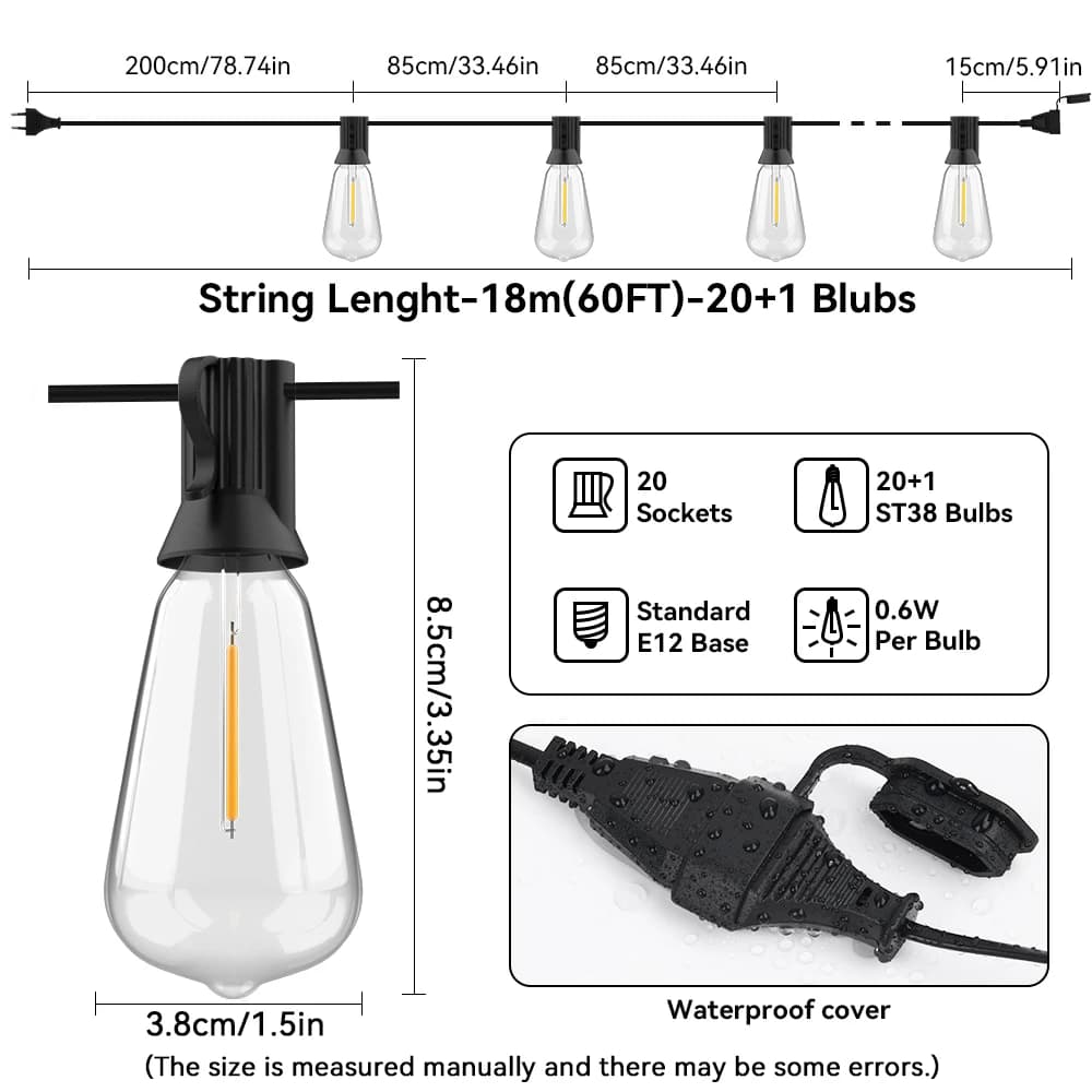 Courtyard Lights Waterproof IP44 Retro Garland String Lights ST38 LED Shatter Resistant Bulbs 50FT 100FT Warm White 2200K Multi-Scene Decor Lamp for Garden Patio Balcony Terrace Camping Party Wedding Holiday Christmas