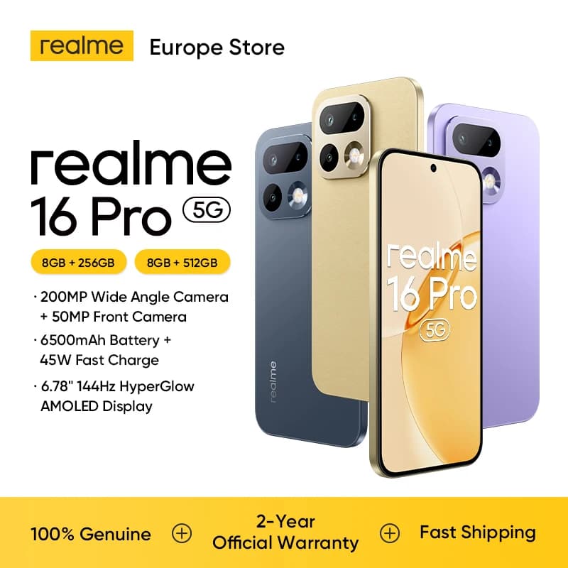 realme 16Pro 5G Smartphone Fast Charge 45W  Battery 6500mAh, Camera 200MP OIS, IP69 AMOLED Display 144Hz 6.78"