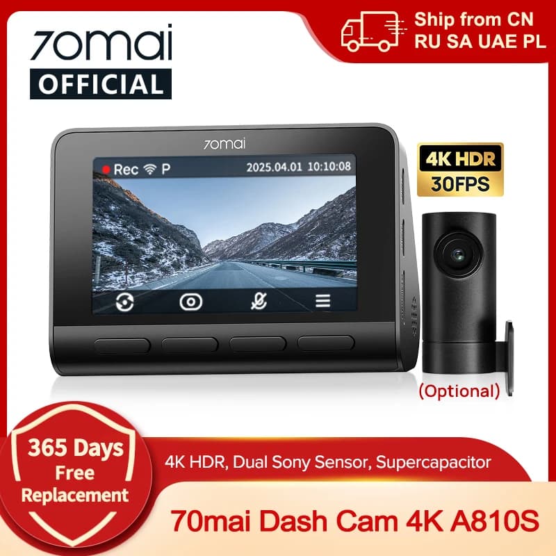 70mai Dash Cam 4K A810S HDR IMX678 Supercapacitor 4G LTE Remote Control Wi-Fi 6 Voice Control GPS ADAS Car Camera 70mai A810S