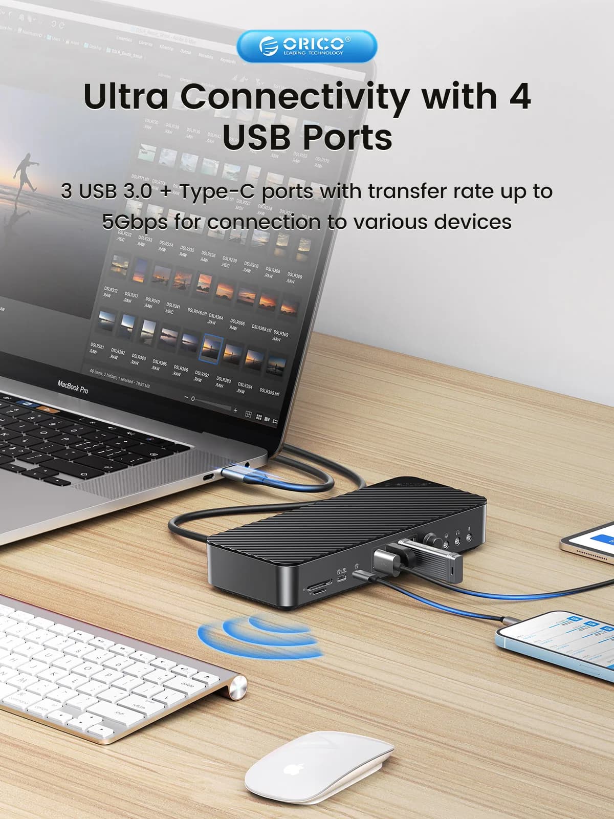 ORICO 19 in 1 Desktop Docking Station Type C to 4K HDMI-Com VGA 3.5mm Audio RJ45 PD USB 3.0 HUB with Volume Adjust Power Adapter