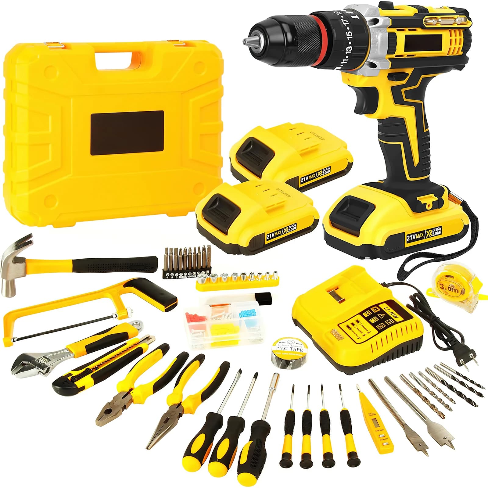 120 piece power tool kit with 21V cordless drill 3/8-inch keyless chuck 25+3 impact clutch maximum torque 45Nm tool kit