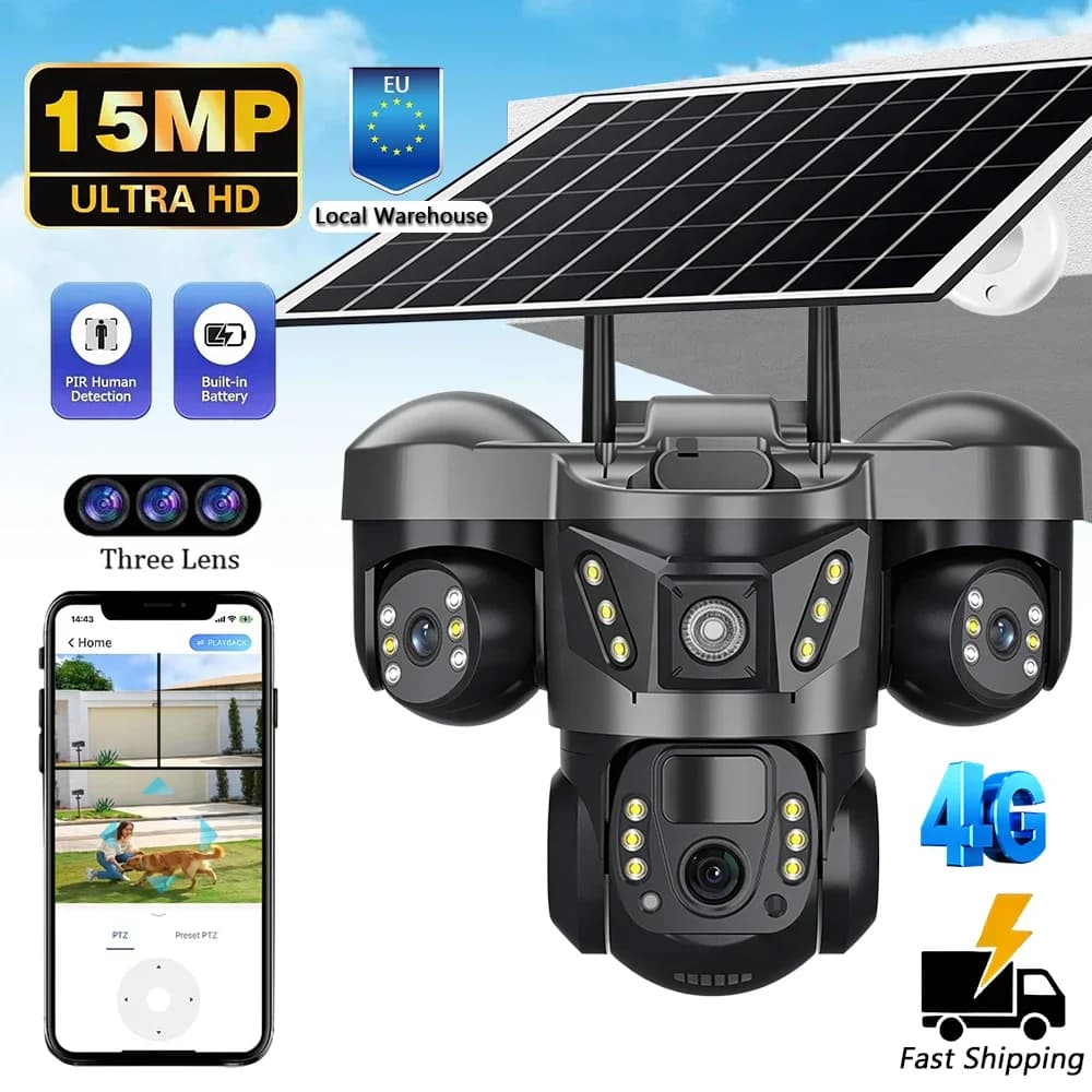 V380 Three Lens Three Screens 15MP 4G Solar Camera Outdoor WiFi 10x Digital Zoom Waterproof Auto Tracking Security CCTV Camera