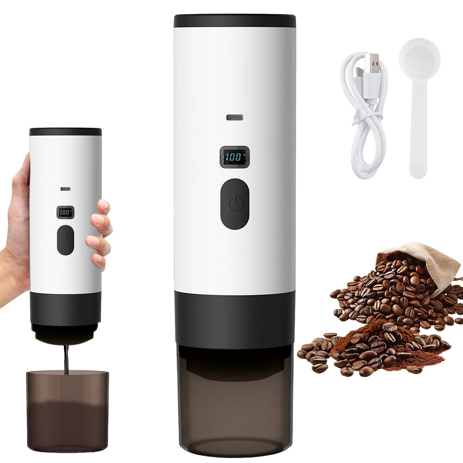 Wireless Electric Portable Espresso Coffee Machine for Car & Home Camping Coffee Maker 3-in-1 Capsule Powder Travel Coffee Maker USB Espresso Machine for Travel Car Home Fast Heating Compact Design