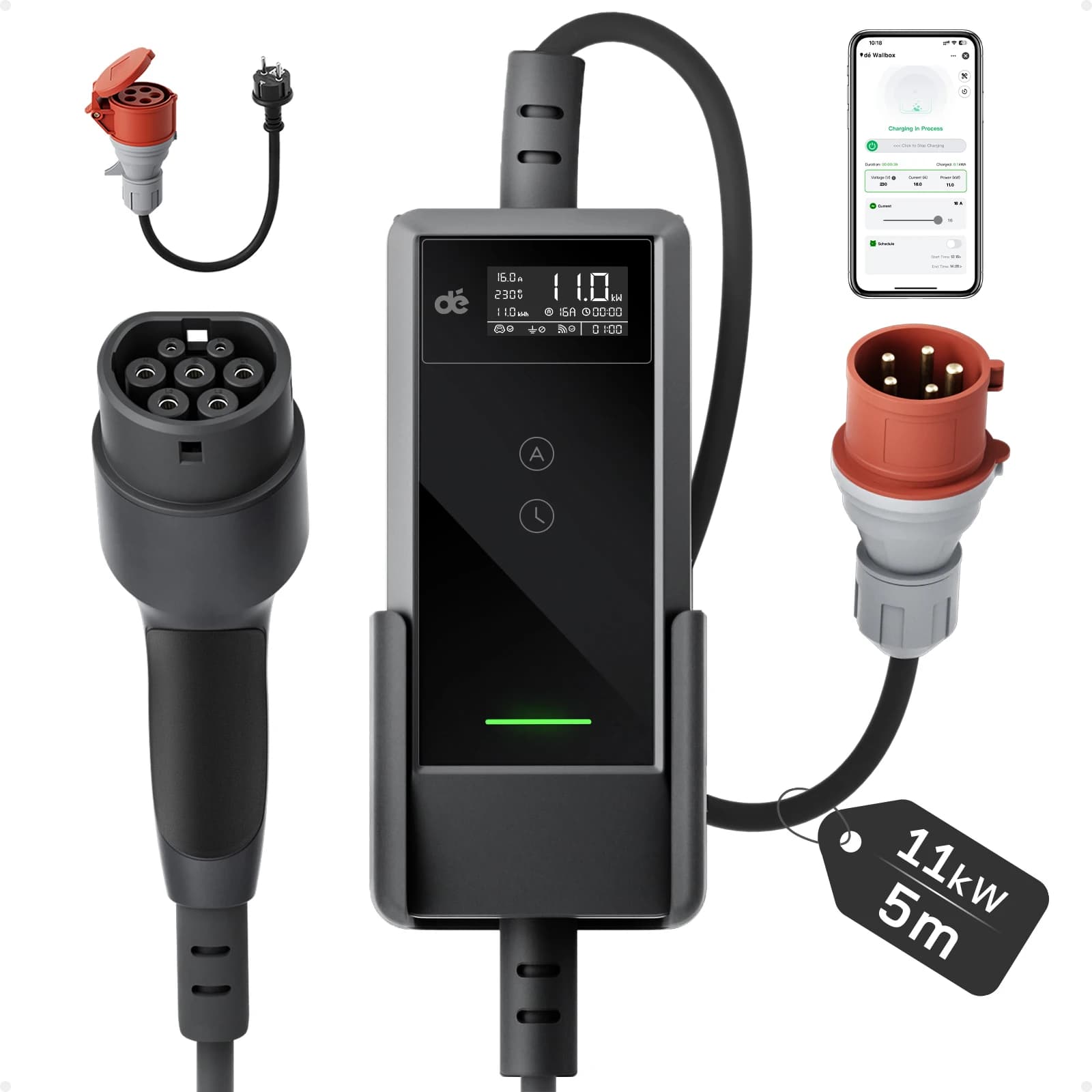 dé EV Charger Type 2 11kW with APP 16A 3-Phase 5.5m 7m 10m 15m 20m 25m Charging Cable Electric Vehicle Charger  CEE Plug to Type 2 with Adjustable Current Portable Charging Station
