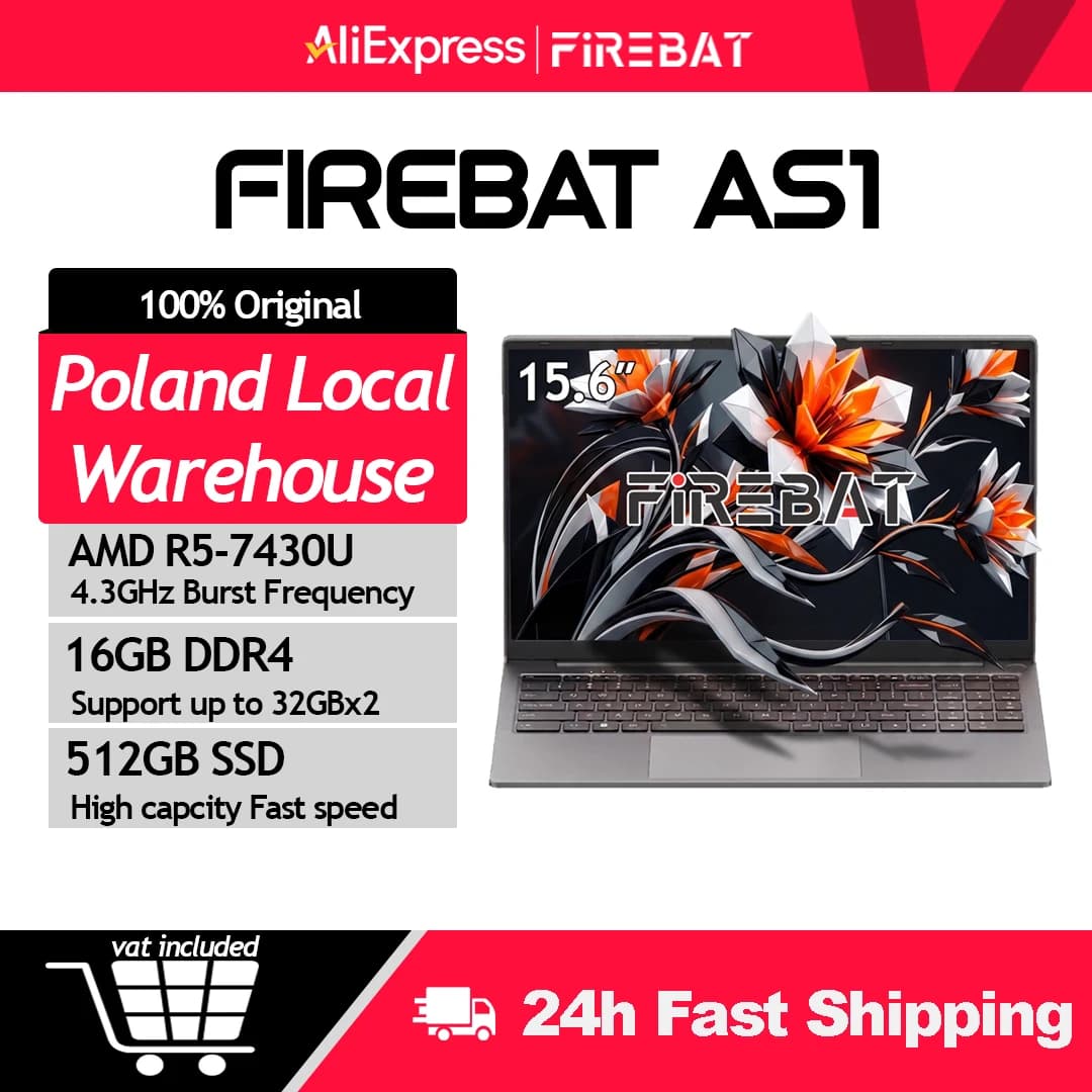 Firebat Laptop AS1 AMD Ryzen5 7430U 16GB DDR4 3200Mhz 512GB SSD 15.6 Inch IPS Windows 11 Notebook Type-C Wifi6 Full-Size Keyboard