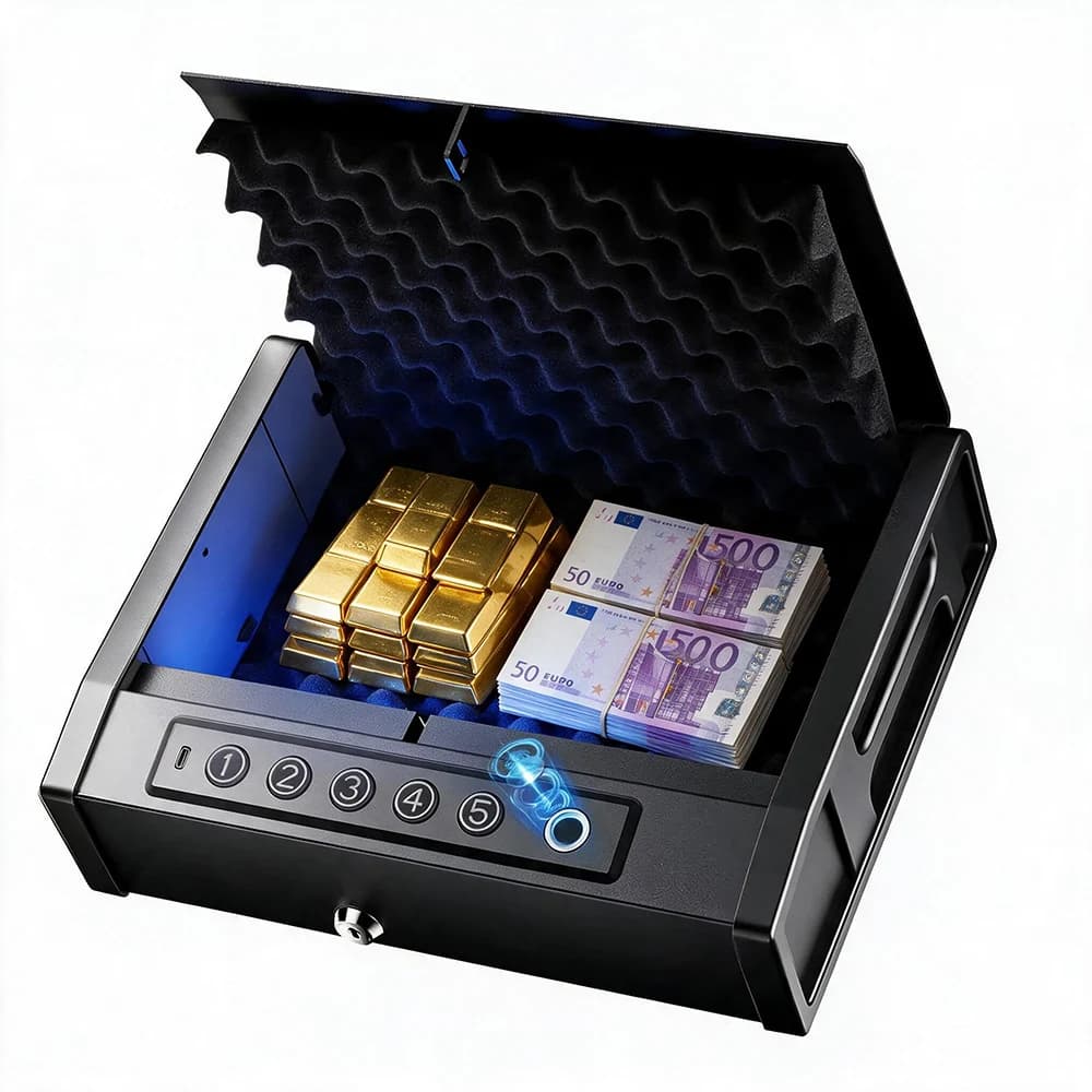 Mini Biometric Fingerprint Safe Box with Digital Keypad, Auto-Lid Opening Portable Car & Home Security Lockbox, Anti-Theft Electronic Safe with Backup Key Lock for Jewelry, Gold, Valuables & Handguns | Model XHSQH