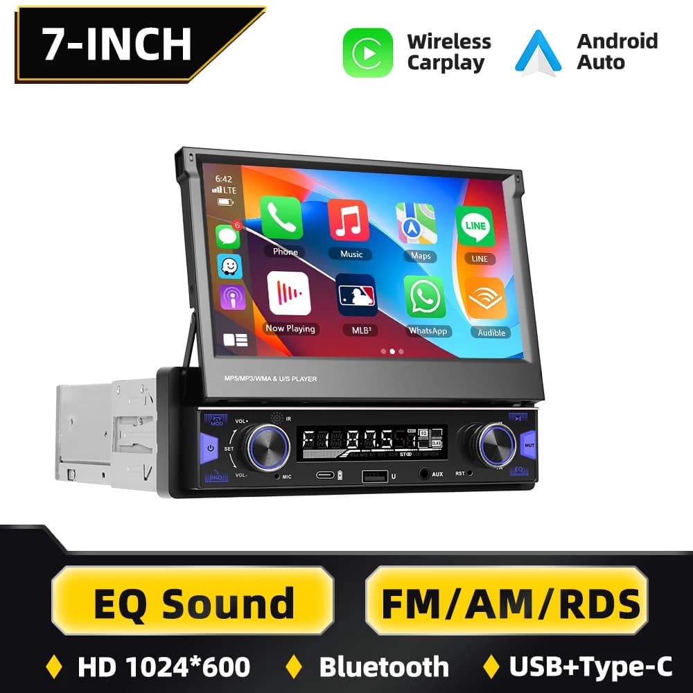 Podofo 7Inch Retractable Screen 1Din Carplay Car MP5 Multimedia Player Android Auto Video Radio Receiver With FM AM RDS EQ Sound Effects Car Audio Video System Upgrade