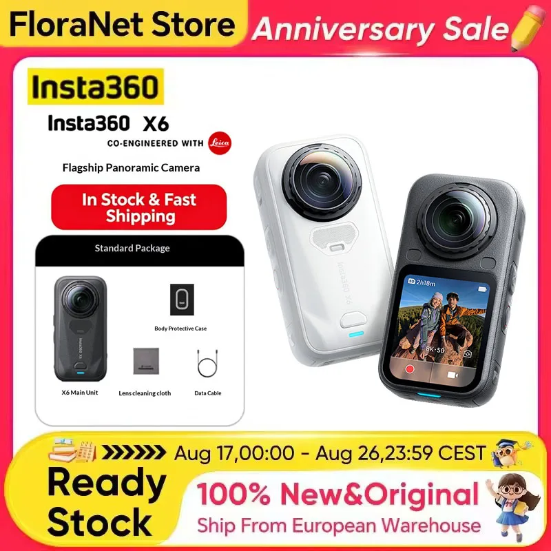 Insta360 X6 360 Degree Action Camera, 8K Video, Custom 1/1.1'' Dual Square Sensors, Triple Ai Chip, 2.0 Interchangeable Lens, 8K Recording up to 140 Minutes, Panoramic Sports Camera