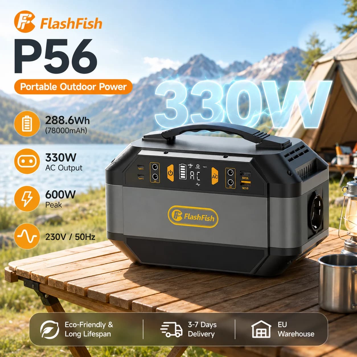 Portable Power Station FlashFish P56 330W Peak 600W 288.6Wh 230V QC3.0 Fast Charge Solar Car Charging for Home Camping Outdoor Emergency