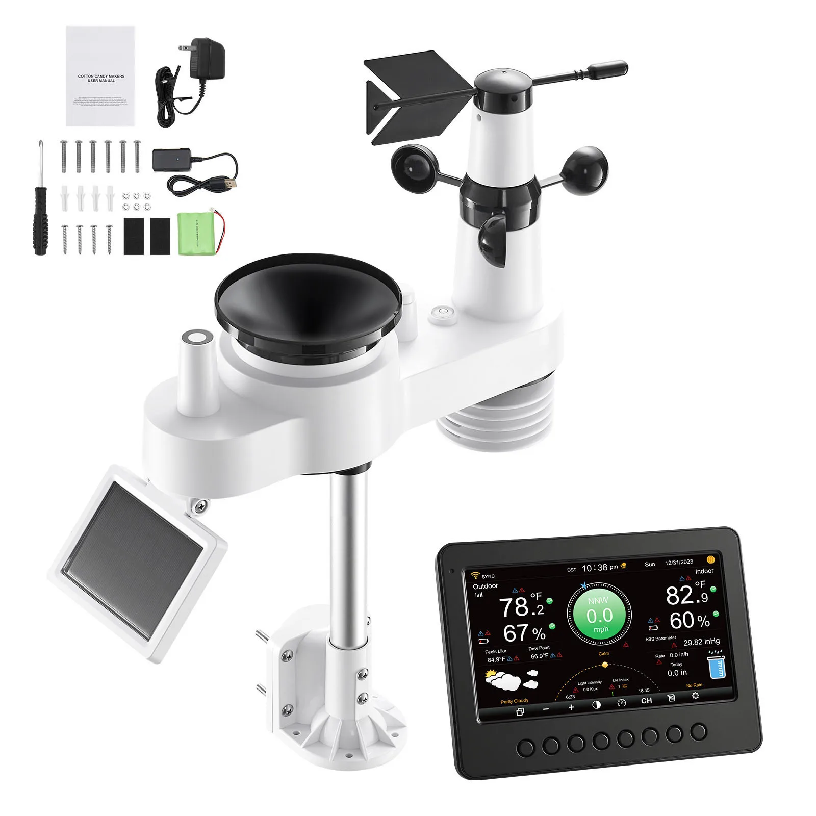 SucceBuy 7-in-1 Wi-Fi Weather Station 7-In TFT Display Solar Powered Outdoor Sensor, Rain Gauge, Indoor Outdoor Weather Forecast