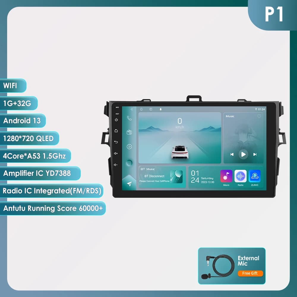 Hizpo 2Din Android 14 Car Radio Multimedia Player For Toyota Corolla E140/150 2007 - 2011 Navigation GPS 4G Auto Carplay  360CAM 9 inch AI Intelligent System Snapdragon with Qualcomm chip AI Voice DSP Split Screen USB 5G WIFI GPS Navigation Reverse Camera