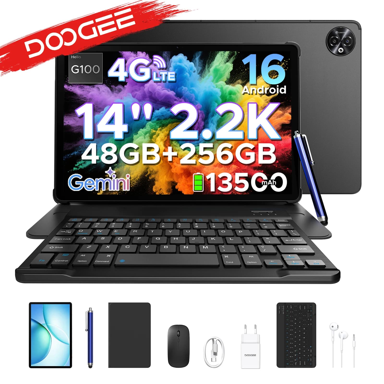 DOOGEE Tablet PC 2 in 1 Tab E3 Max Gmini AI 14 "screen 2.2K Battery mAh Android 16 48Go(8 + 40) 256 Go Helio G100 AI Tablet