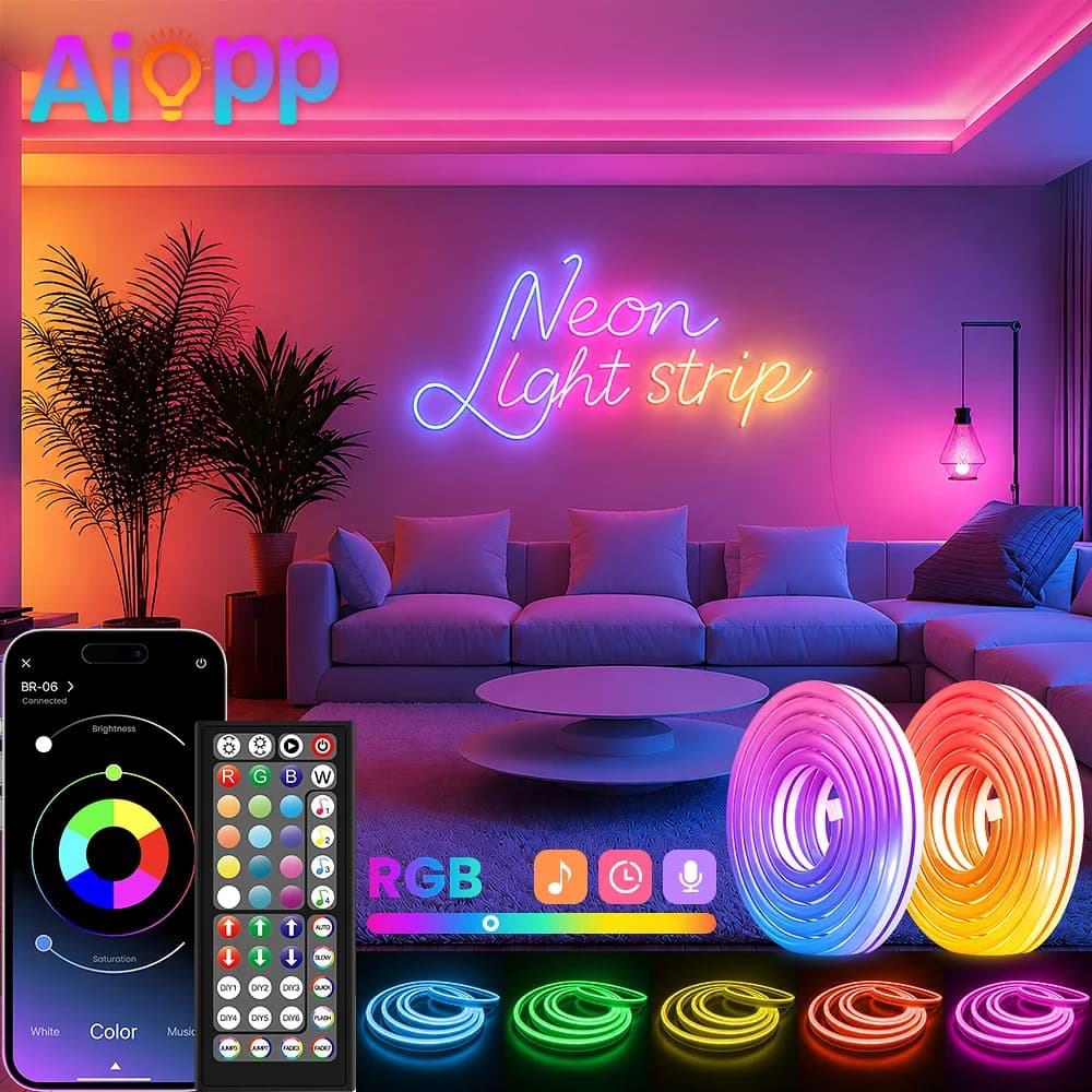 Aiopp Flexible RGB LED Neon Strip Light Indoor with APP & Remote,Timing Music Sync Waterproof Silicone Rope Lamp for Bedroom Garden Party Decor