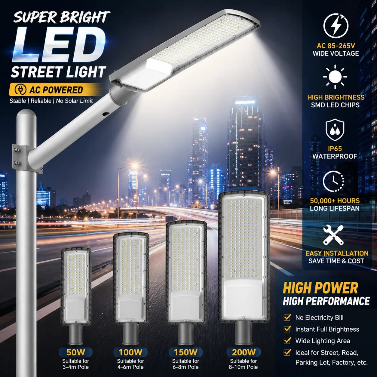 Swiatla LED Street Light AC85-265V IP67 Waterproof Roadway Lamp Outdoor Parking Lot Security Light 50W 100W 150W 200W Super Bright Commercial Floodlight Pole Mounted Highway Garden Backyard Pathway Wall Lighting 6500K 20000LM