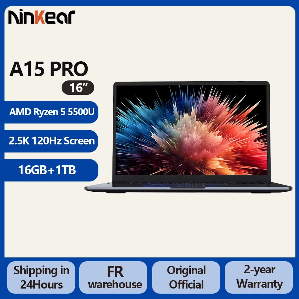 Ninkear A15 Pro Laptop AMD Ryzen 5 5500U 16GB RAM 1TB SSD 16 inch 2.5K 120Hz IPS Metal Body Windows 11 WiFi6 Fingerprint 65W Fast Charge Business Office Gaming Notebook
