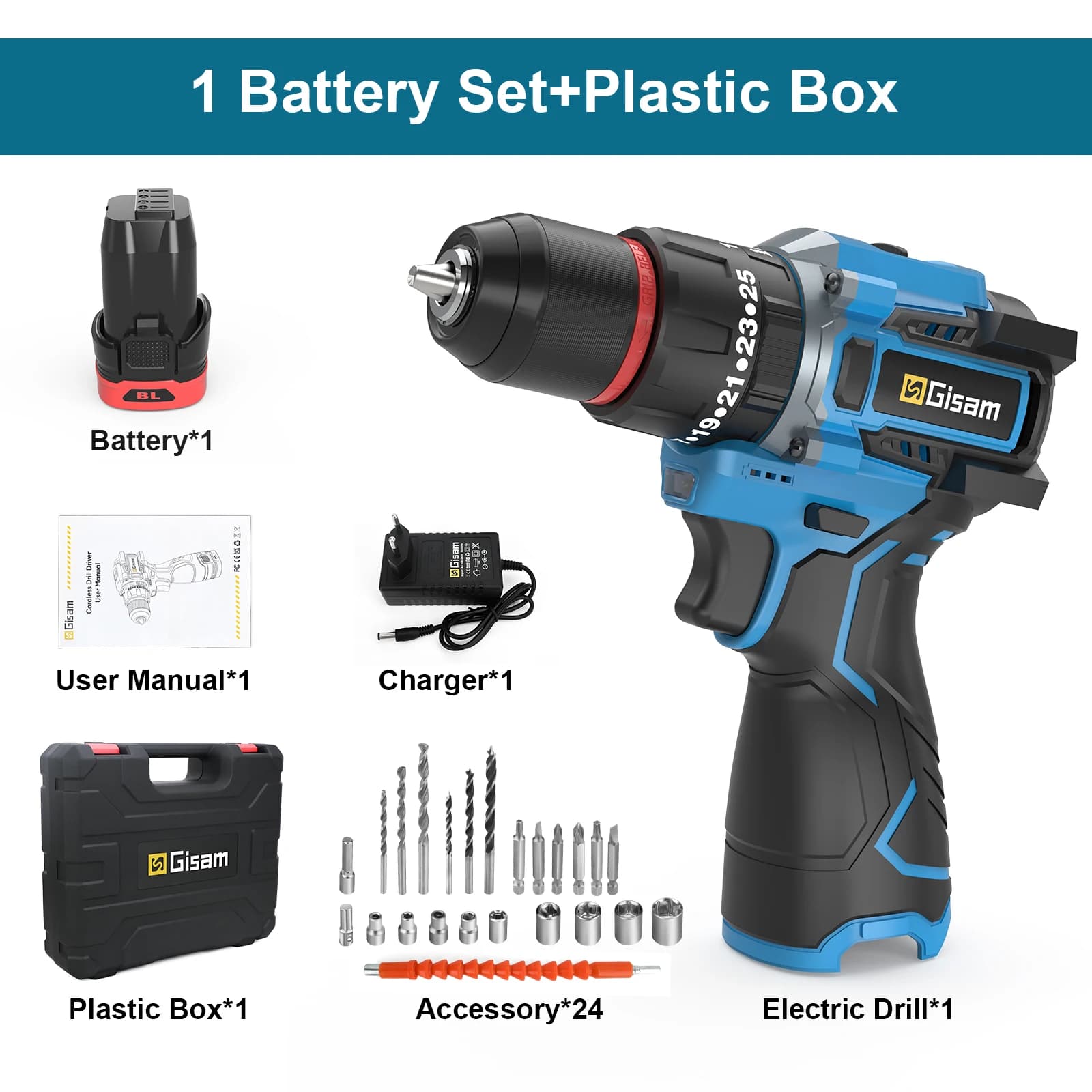 Gisam 95N.M 10MM 25+3Torque Brushless Electric Drill Metal Ratchet Chuck Cordless Drill Electric Screwdriver DIY Power Tools