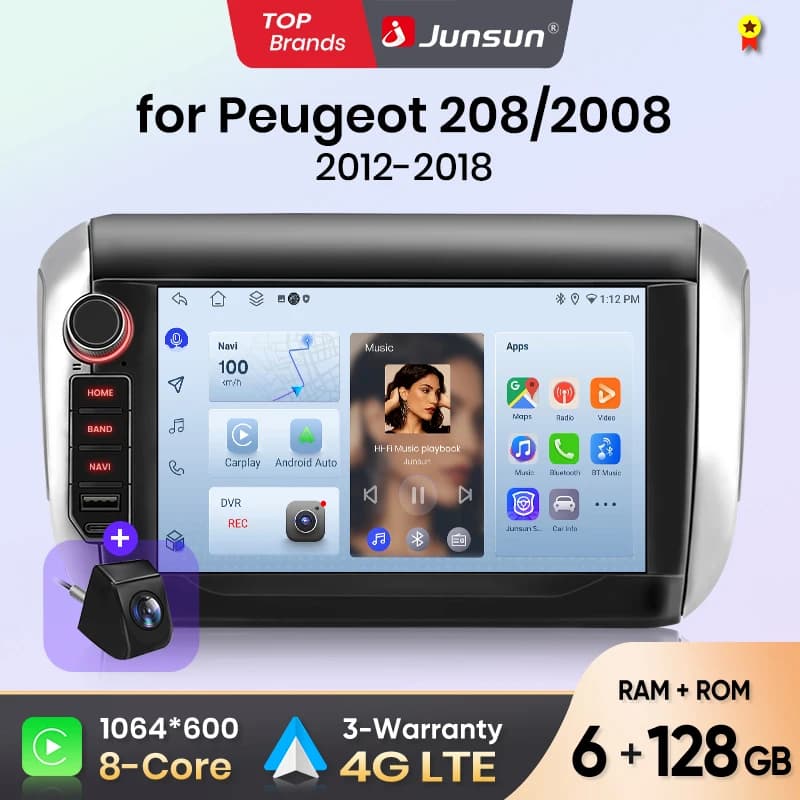 Junsun 8" Wireless CarPlay Android Auto Car Radio for Peugeot 2008 208 2012 2013-2018 Multimedia Wireless Apple CarPlay Smart Intelligent Systems IPS Touch Screen Stereo Video Player 2 Din Autoradio Head Unit Navigation BT GPS 4G WIFI FM AM DSP RDS SWC