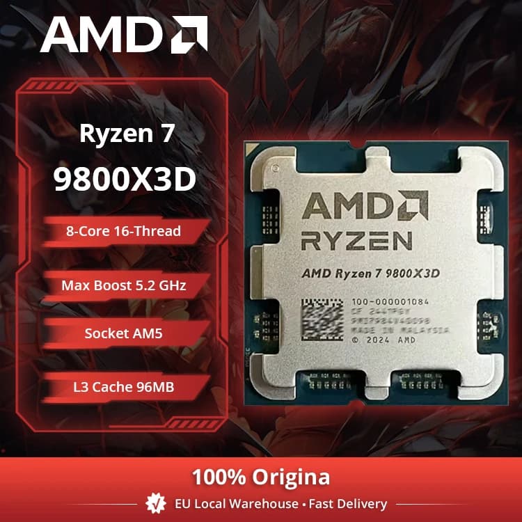 AMD Ryzen 7 9800X3D 8-Core Processor, 5.2GHz Max Boost, 96MB L3 Cache, 120W TDP, Socket AM5, No Cooler Included