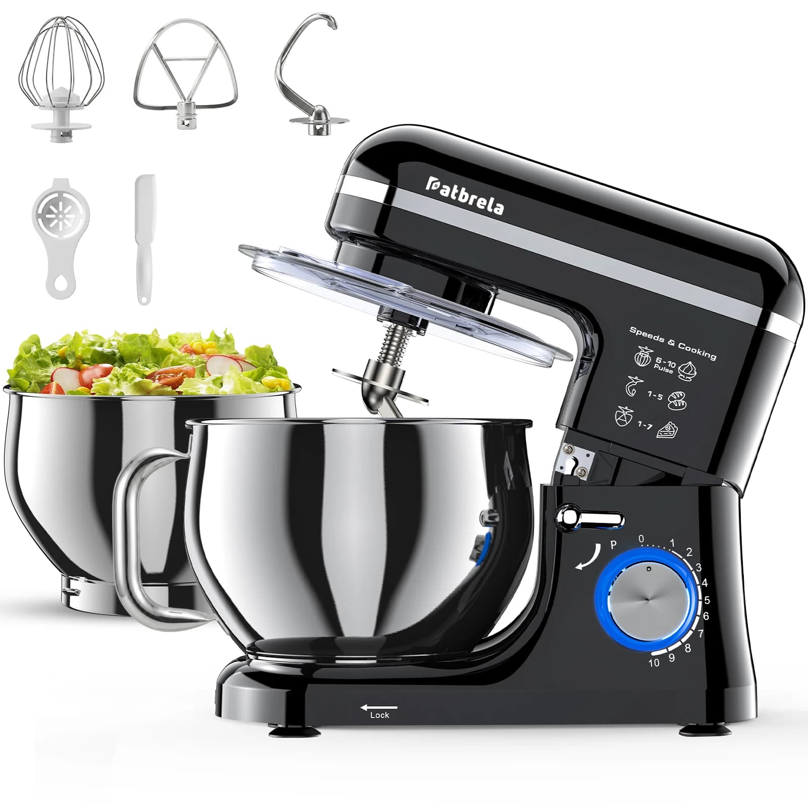 Patbrela Stand Mixer, 5L Kitchen Food Stand Mixer, Pastry Mixer&Dough Mixer&Planetary Mixer  with Stainless Steel Bowl, 10 Speeds, Dough Hook, Beater & Whisk for Bread Dough, Cakes & Cookies