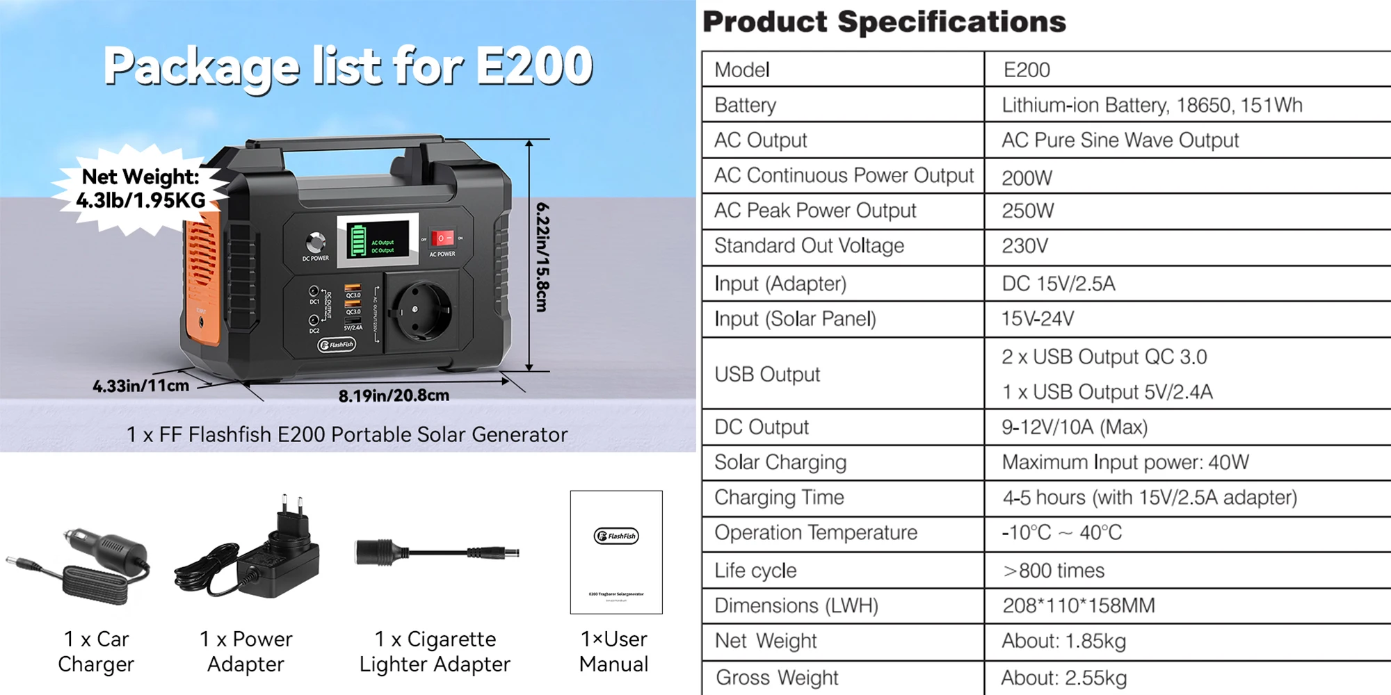 FF Flashfish E200 Portable Power Station 200W 151Wh Compact Generator Solar Generator 230V AC DC Li-ion Battery Supply Outdoor