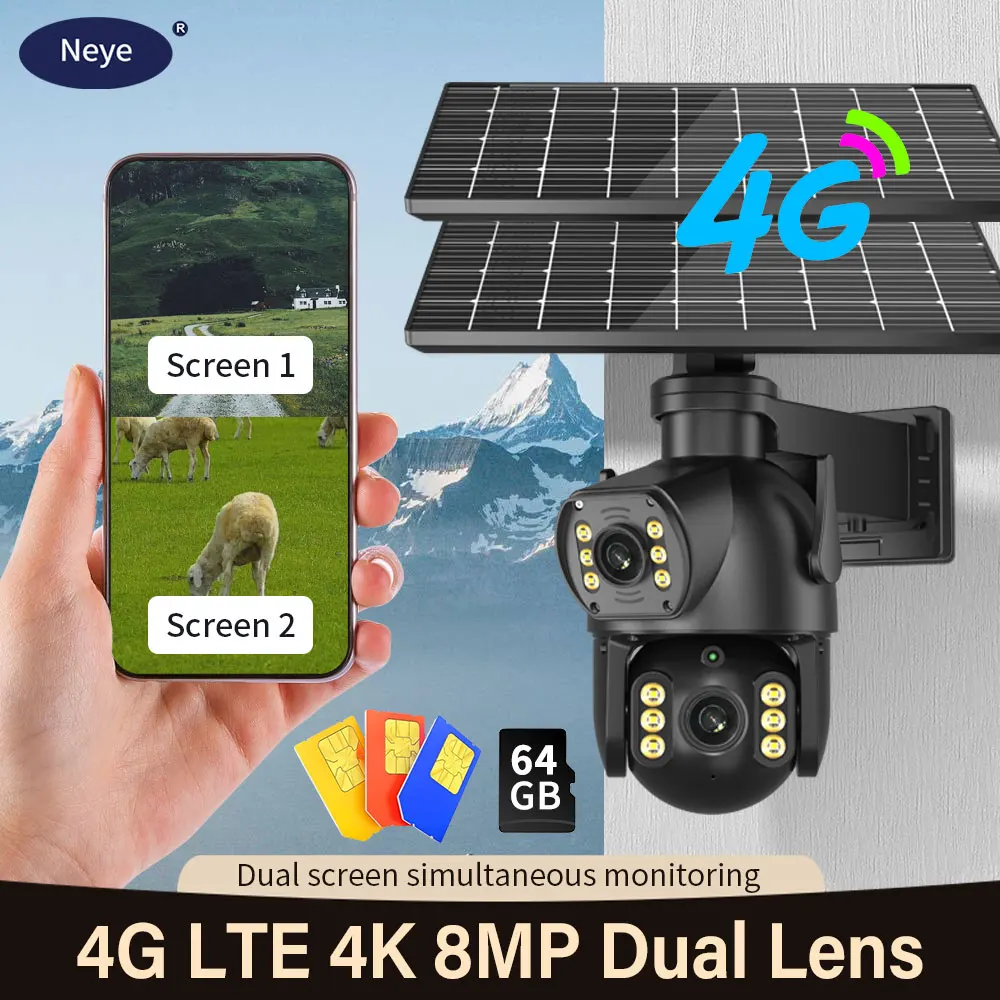 8MP/4K 4G SIM Card Solar Outdoor Camera HD 5X Zoom Panoramic Camera PIR Human Body Sensor With Solar Panel Battery Life Camera