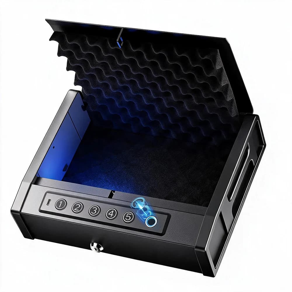 Mini Biometric Fingerprint Safe Box with Digital Keypad, Auto-Lid Opening Portable Car & Home Security Lockbox, Anti-Theft Electronic Safe with Backup Key Lock for Jewelry, Gold, Valuables & Handguns | Model XHSQH