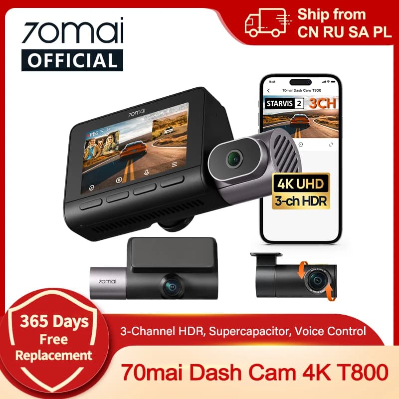 【Local Warehouse】70mai 4K Dash Cam T800 3-Channel Reconding Triple HDR Voice Control 4G LTE Remote Control Car DVR 70mai T800