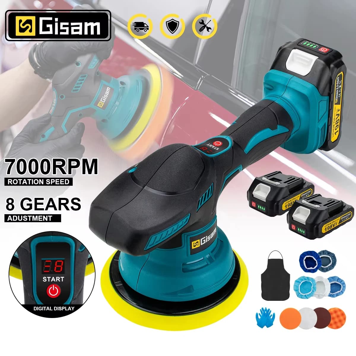 Gisam Cordless Car Polisher 8 Gears Digital Display Electric Polisher Auto Car Polishing Waxing Machine For Makita 18V Battery
