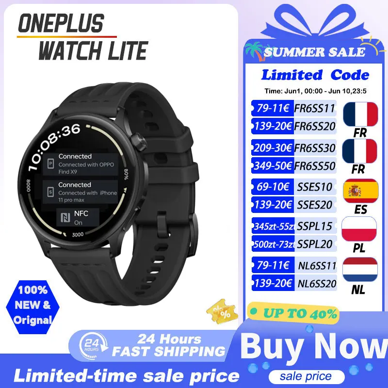 World Premiere OnePlus Watch Lite Smart Watch Global Version Up to 10 Days of Battery Life Dual Band GPS 1.46'' AMOLED Display