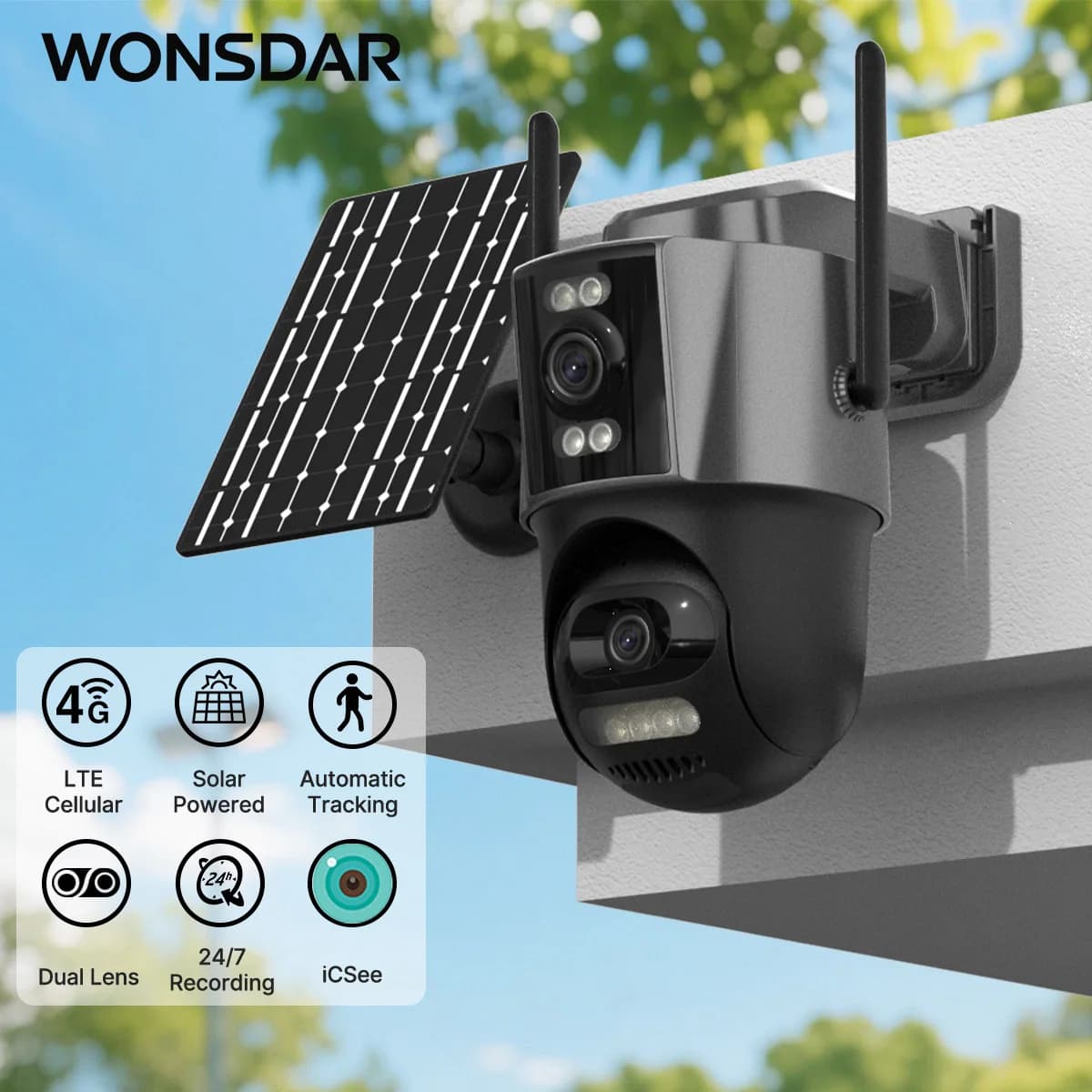WONSDAR 4G SIM Solar Camera 24/7 Recording Outdoor Three Screens PTZ Camera Auto Tracking Waterproof Battery Surveillance ICSee