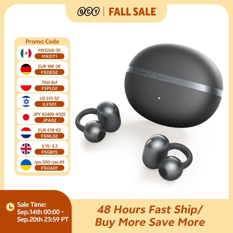 QCY Crossky C50 Clip Open Ear Wireless Earphones Lightweight Comfort 35H Playback IPX5 Bluetooth 6.0 for Sports Running and Work