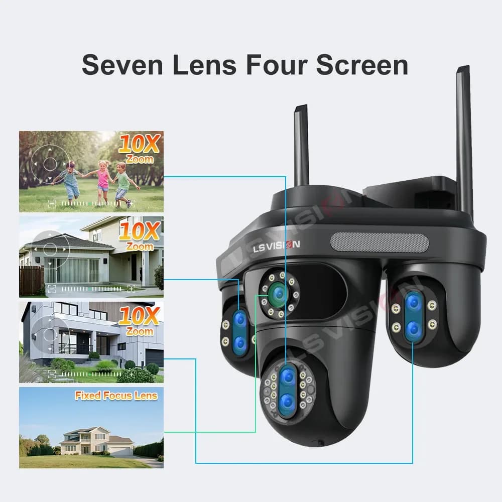 LS VISION Seven-lens  four-screen 10X zoom WIFI Surveillance Outdoor ip camera cctv
