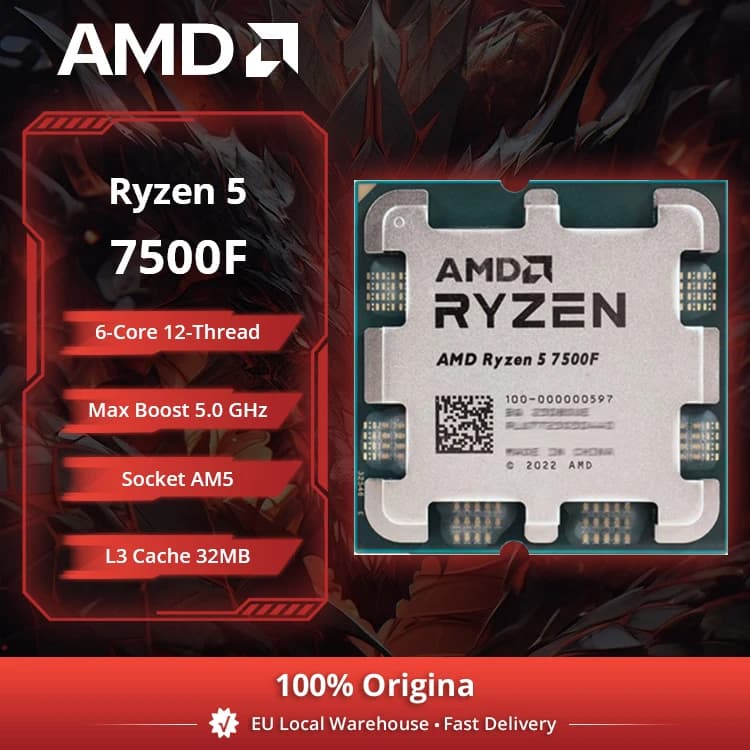 AMD Ryzen 5 7500F Desktop Processor 6-Core 5.0GHz 38MB Cache AM5 Socket (Cooler Not Included)