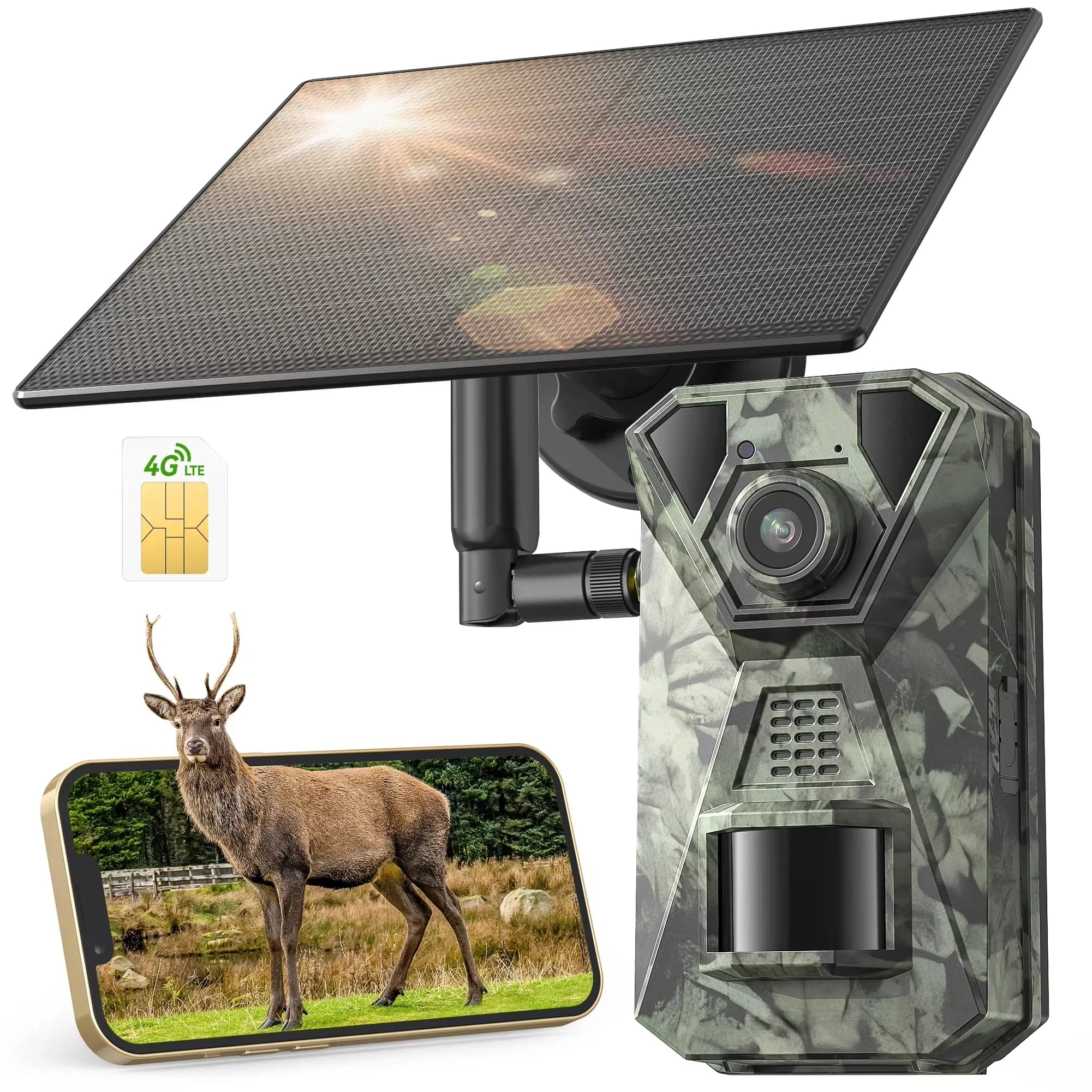 4G LTE Wildlife Camera with App, 2.7K Solar Hunting Trail Camera with SIM Card, Photo Trap Cam, PIR Motion Sensor, Night Vision