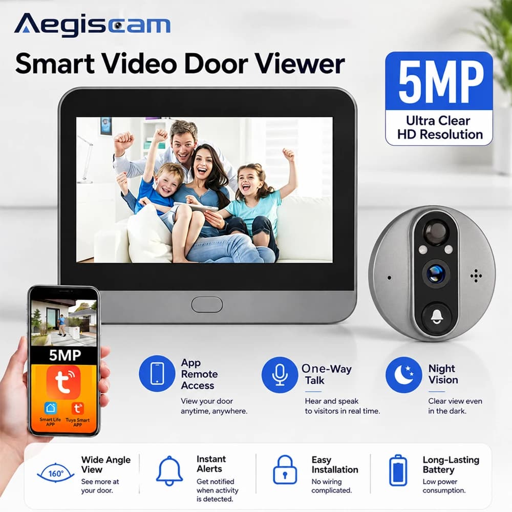 Household Smart Peephole Video Doorbell 5MP Resolution PIR Detection Sensing Two-Way Audio Tuya APP Remote Monitoring Device