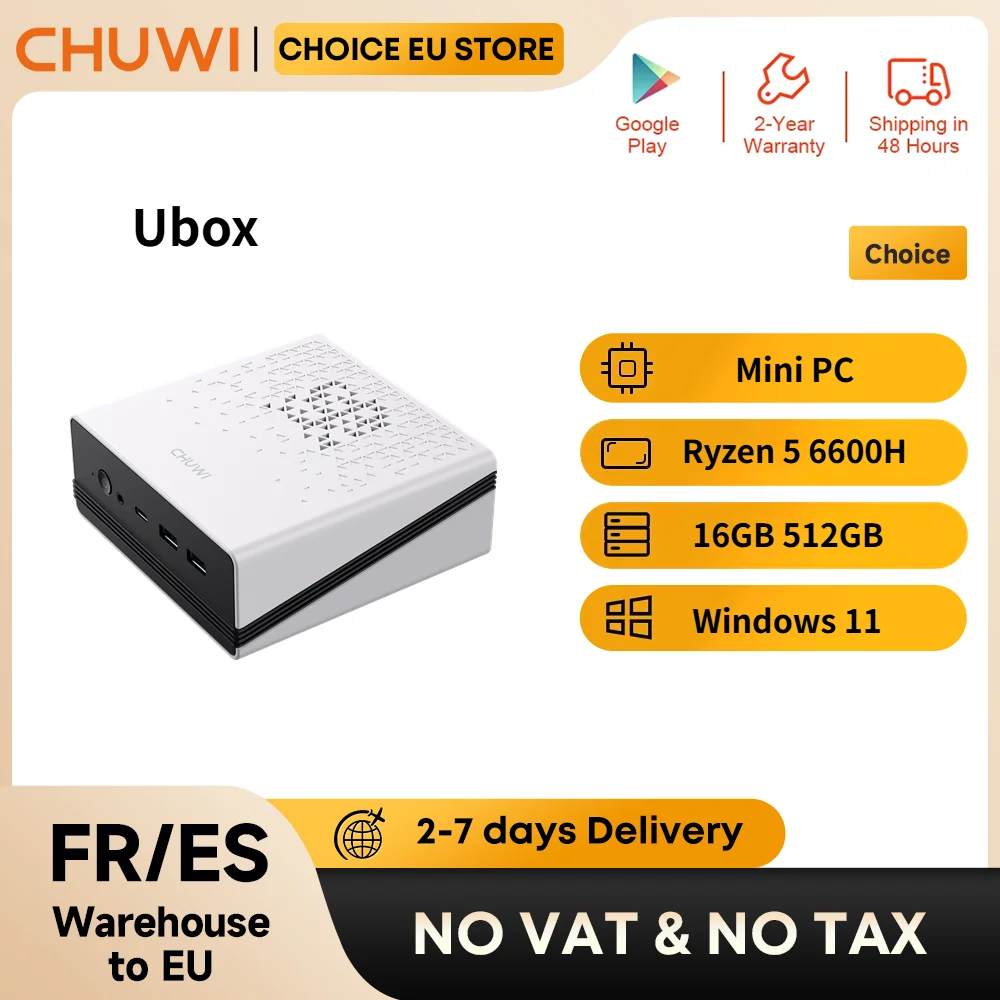 Chuwi Ubox Mini Pc Amd Ryzen 5 6600H 16Gb LPDDR5 512Gb Ssd Windows 11 Pro 4K 144Hz Decoding Wifi 6 Bt 5.2 Extend M.2 1t*2 650g