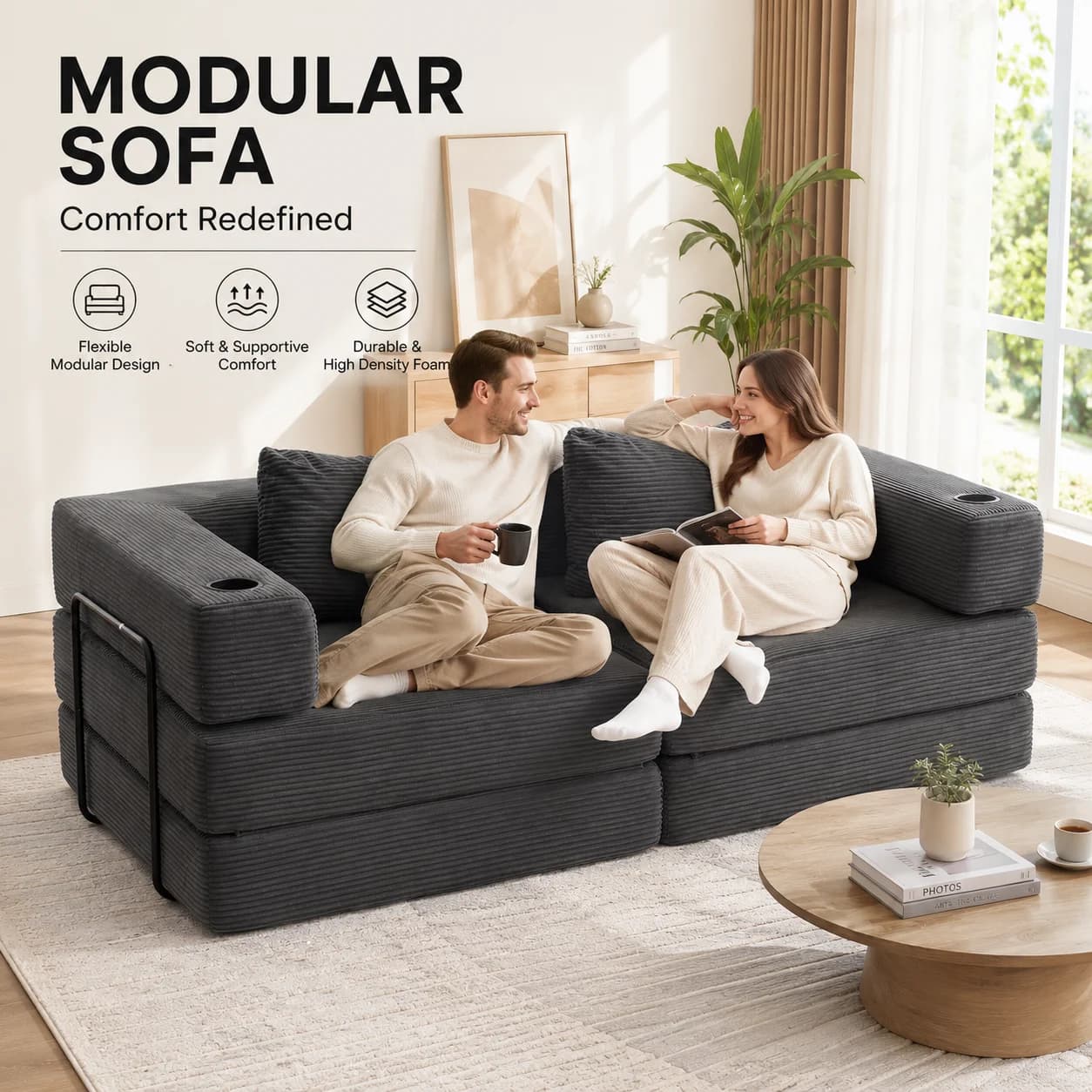 2 Seater Corduroy Floor Sofa Bed, Modular Convertible Foldable Lazy Sectional Sofa with Cup Holder, Free Combination Sleeper Couch, No Assembly Compressed Sofa for Living Room Apartment Game Room