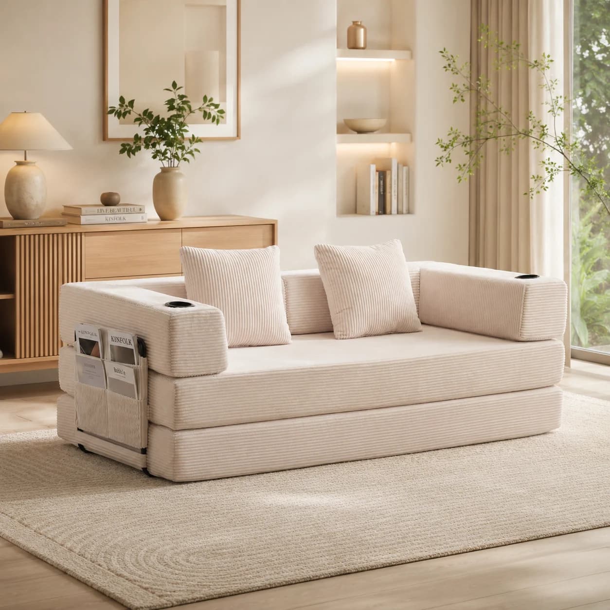 White Corduroy Foldable Floor Sofa Bed, Convertible Lazy Couch with Cup Holders Side Storage Pockets, No Assembly Compressed Modular Sofa for Living Room Apartment Guest Sleeping
