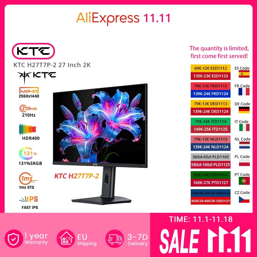 KTC H27T7P-2 27 Inch 2K QHD Gaming Monitor, Fast IPS 210Hz Display, 1ms Response Time, HDR400, Adaptive Sync, 131% SRGB, 1.07 Billion Colors, Dual HDMI 2.0/DP 1.4, Adjustable Stand, VESA Compatible