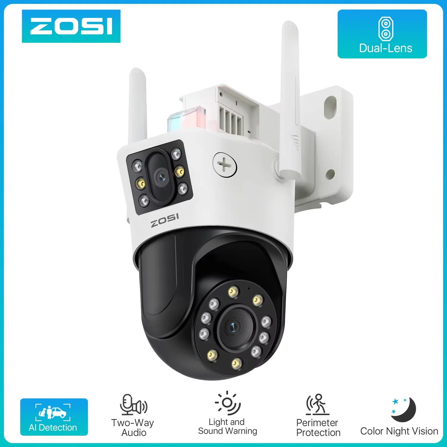 ZOSI C298 Max 4K Dual-Lens(2x4MP) WiFi PTZ Security Camera Outdoor Ultra-Wide Angle 8X Hybrid Zoom Face/Car Detect 8MP IP Cam