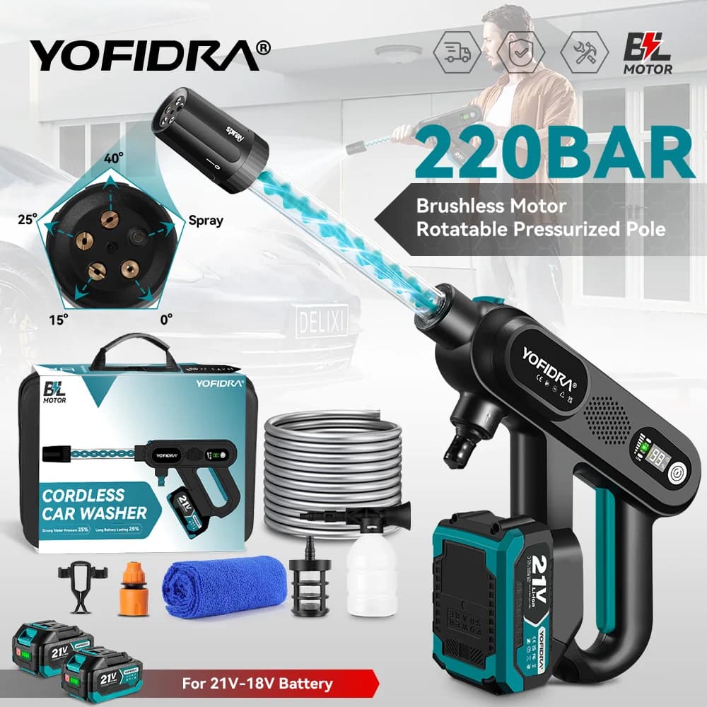 YOFIDRA 220Bar Brushless Electric High Pressure Car Washer Gun Water Spray Gun Garden Washing Power Tools For Makita Battery Pin