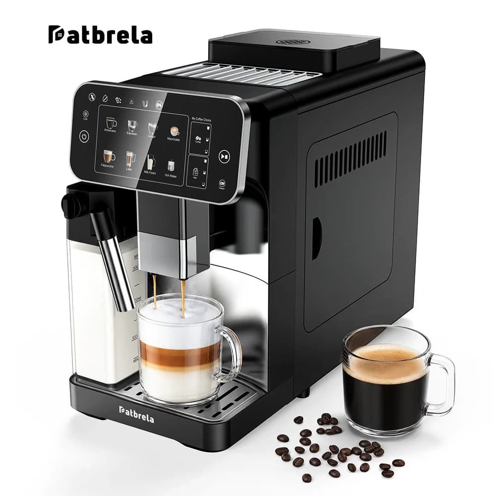 Patbrela Fully Automatic Coffee Machine with Milk Tank 20Bar Espresso Coffee Maker, Dual Boiler Independent Temp Control, Cold Brew, Touch Screen, Built-in Conical Burr Grinder for Home Office Latte Cappuccino Americano