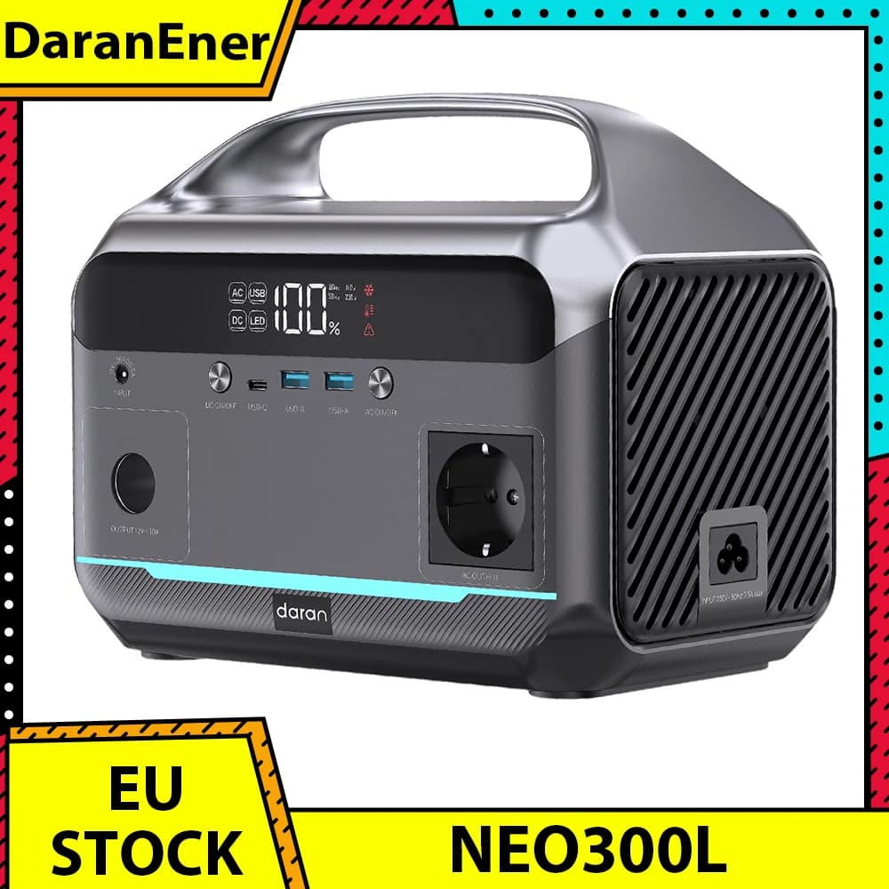 DaranEner NEO300L Portable Power Station, 288Wh LiFePO4 Battery, 350W Pure Sine Wave AC Output, 600W Surge Power, 100W Solar Input, 60W USB-C PD, Dual 18W USB-A, 120W Car Socket, MPPT, BMS, UPS, 3500+