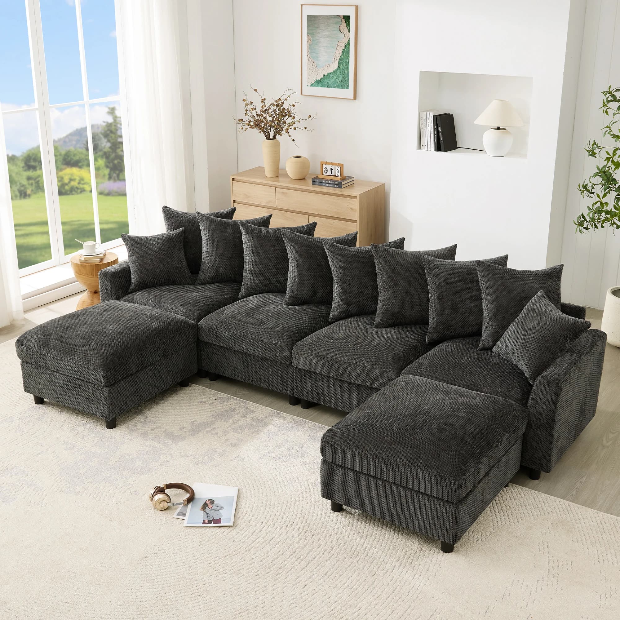 Modular U-Shaped L-Shaped Sectional Sofa, 6-Seater with 2 Movable Ottomans, USB & Type-C Charging Port, 8 Adjustable Back Cushions + 2 Decorative Pillows, Waffle Chenille Fabric, Grey