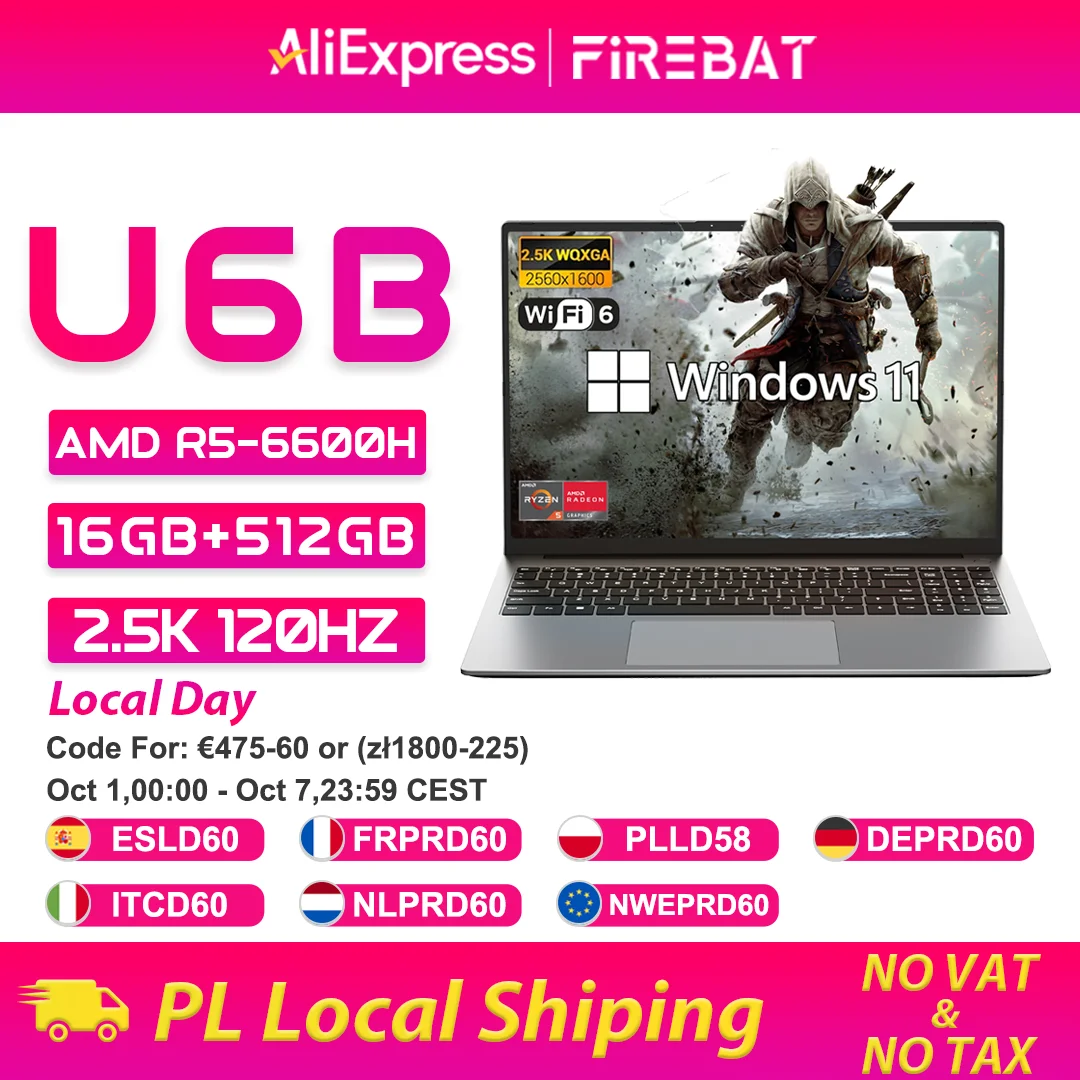 Firebat Laptop U6B AMD R5 6600H DDR5 16GB 512GB SSD 16 Inch 2.5K 120hz IPS Windows 11 Notebook Type-C WIFI6 Full-size Keyboard