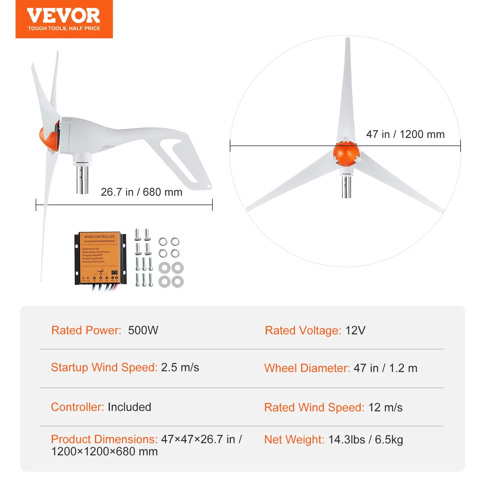 SucceBuy Wind Turbine Generator 12V 500W/800W Wind Turbine Wind Power Generator with MPPT Controller Suitable for Home Farm RVs